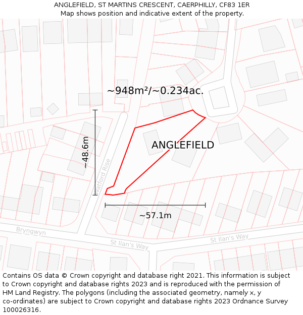 ANGLEFIELD, ST MARTINS CRESCENT, CAERPHILLY, CF83 1ER: Plot and title map