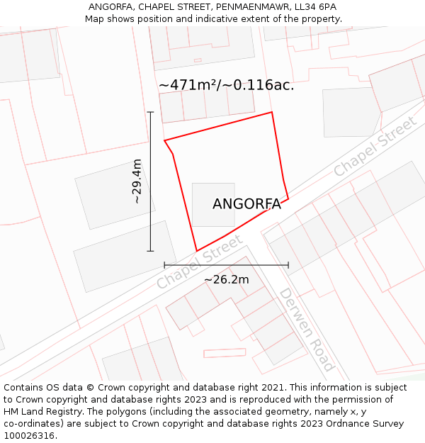 ANGORFA, CHAPEL STREET, PENMAENMAWR, LL34 6PA: Plot and title map