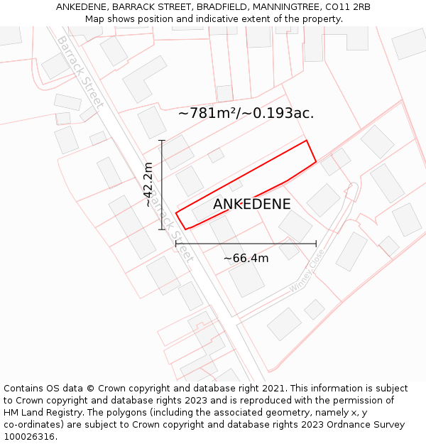 ANKEDENE, BARRACK STREET, BRADFIELD, MANNINGTREE, CO11 2RB: Plot and title map