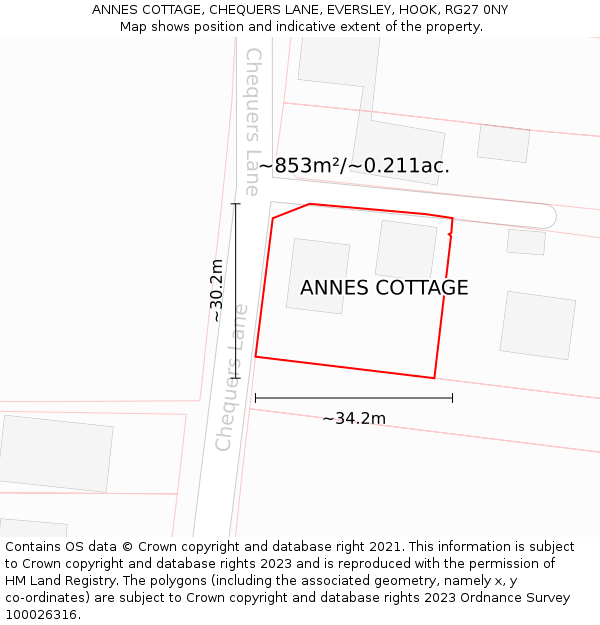 ANNES COTTAGE, CHEQUERS LANE, EVERSLEY, HOOK, RG27 0NY: Plot and title map