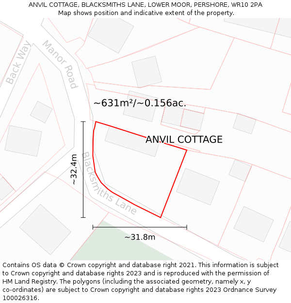 ANVIL COTTAGE, BLACKSMITHS LANE, LOWER MOOR, PERSHORE, WR10 2PA: Plot and title map