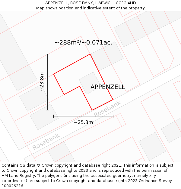 APPENZELL, ROSE BANK, HARWICH, CO12 4HD: Plot and title map
