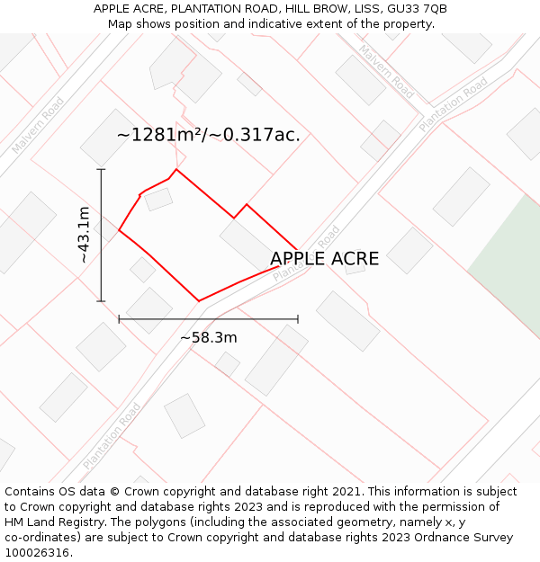 APPLE ACRE, PLANTATION ROAD, HILL BROW, LISS, GU33 7QB: Plot and title map