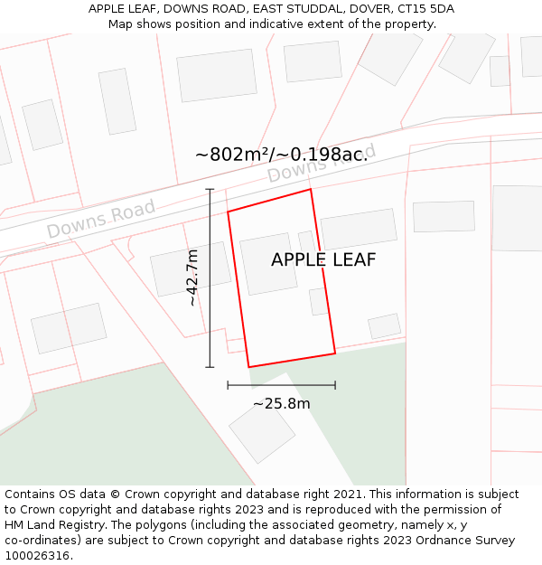 APPLE LEAF, DOWNS ROAD, EAST STUDDAL, DOVER, CT15 5DA: Plot and title map