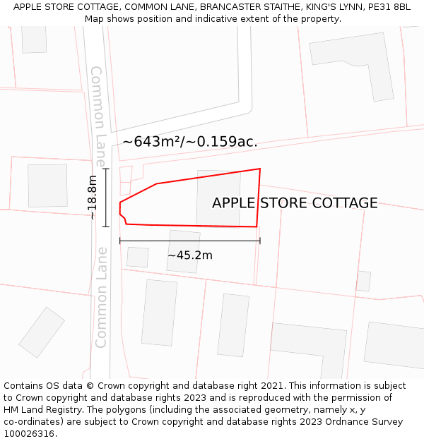 APPLE STORE COTTAGE, COMMON LANE, BRANCASTER STAITHE, KING'S LYNN, PE31 8BL: Plot and title map