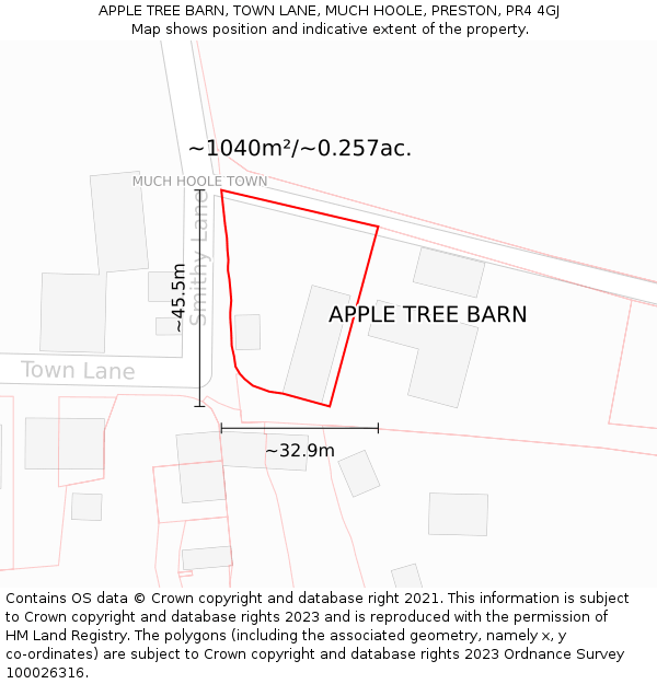 APPLE TREE BARN, TOWN LANE, MUCH HOOLE, PRESTON, PR4 4GJ: Plot and title map