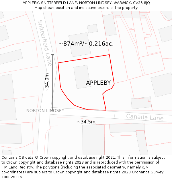 APPLEBY, SNITTERFIELD LANE, NORTON LINDSEY, WARWICK, CV35 8JQ: Plot and title map