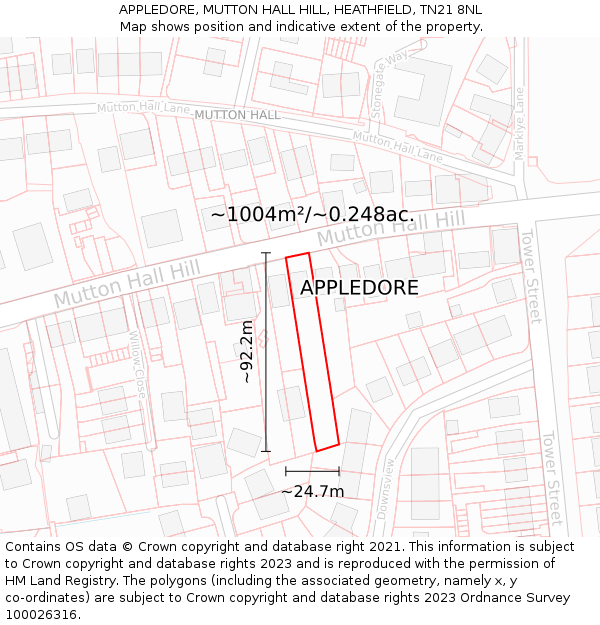 APPLEDORE, MUTTON HALL HILL, HEATHFIELD, TN21 8NL: Plot and title map