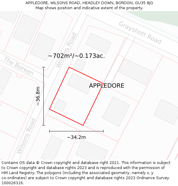 APPLEDORE, WILSONS ROAD, HEADLEY DOWN, BORDON, GU35 8JG: Plot and title map