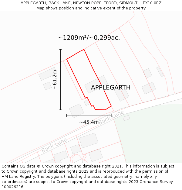 APPLEGARTH, BACK LANE, NEWTON POPPLEFORD, SIDMOUTH, EX10 0EZ: Plot and title map