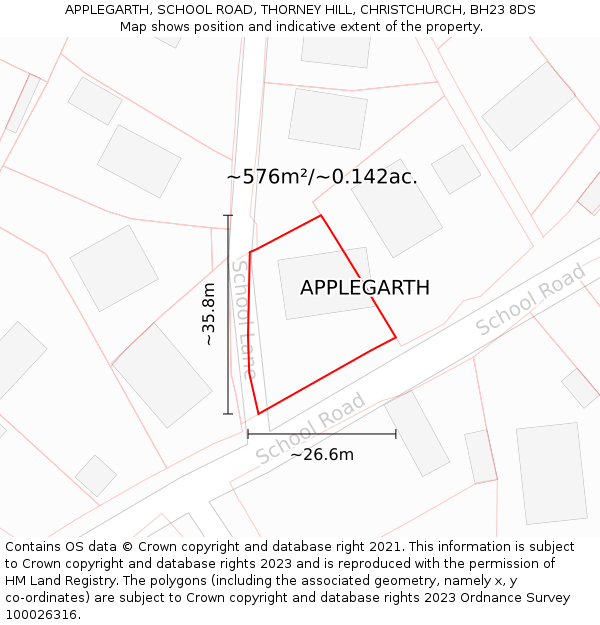 APPLEGARTH, SCHOOL ROAD, THORNEY HILL, CHRISTCHURCH, BH23 8DS: Plot and title map