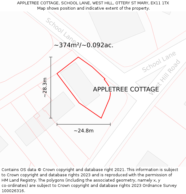 APPLETREE COTTAGE, SCHOOL LANE, WEST HILL, OTTERY ST MARY, EX11 1TX: Plot and title map