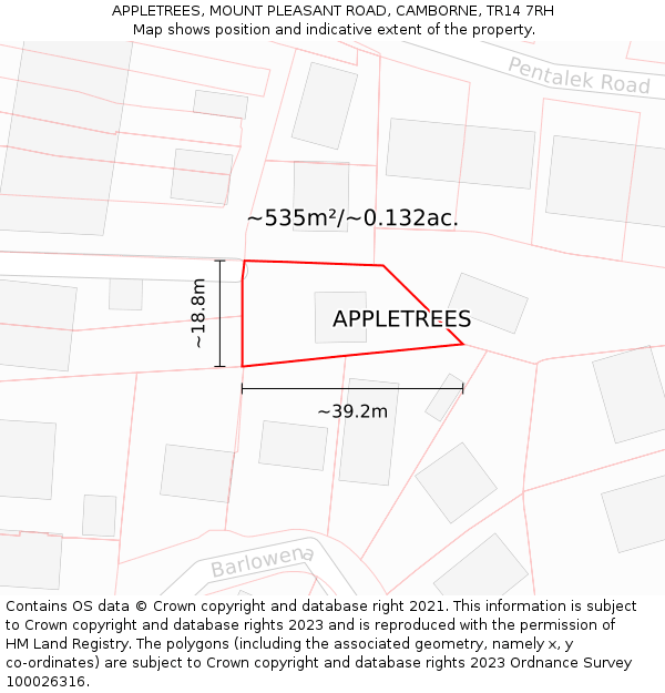 APPLETREES, MOUNT PLEASANT ROAD, CAMBORNE, TR14 7RH: Plot and title map