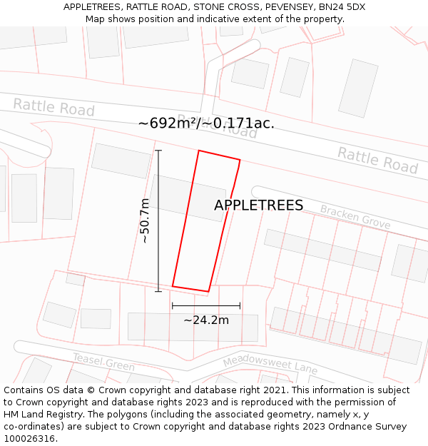 APPLETREES, RATTLE ROAD, STONE CROSS, PEVENSEY, BN24 5DX: Plot and title map