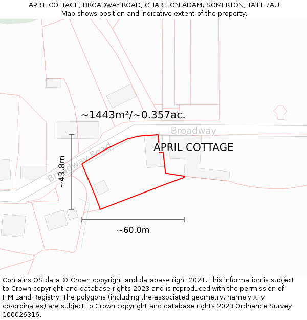 APRIL COTTAGE, BROADWAY ROAD, CHARLTON ADAM, SOMERTON, TA11 7AU: Plot and title map