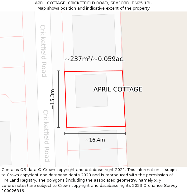 APRIL COTTAGE, CRICKETFIELD ROAD, SEAFORD, BN25 1BU: Plot and title map