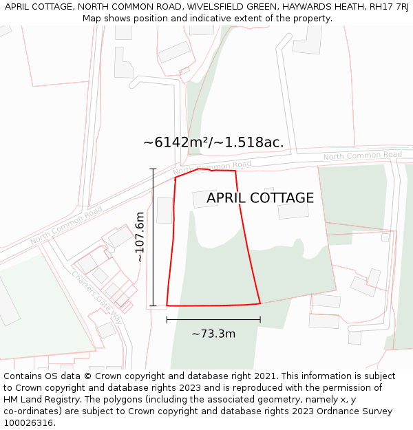 APRIL COTTAGE, NORTH COMMON ROAD, WIVELSFIELD GREEN, HAYWARDS HEATH, RH17 7RJ: Plot and title map
