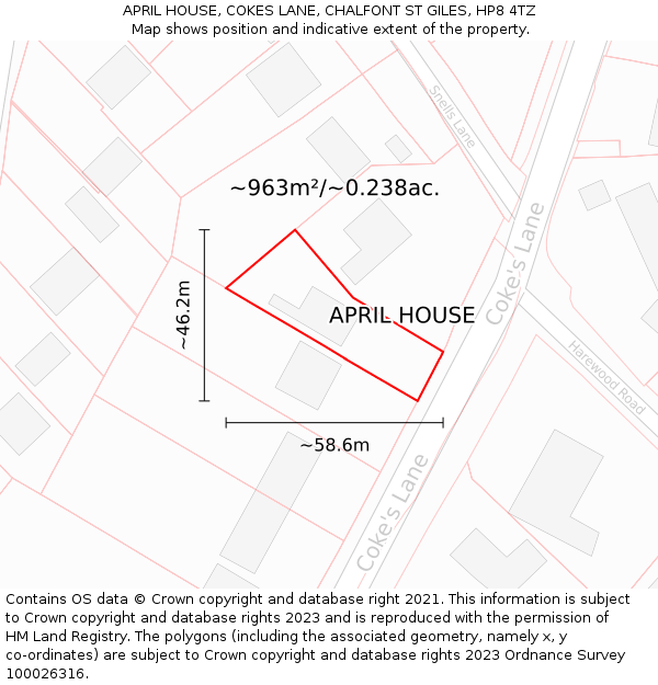 APRIL HOUSE, COKES LANE, CHALFONT ST GILES, HP8 4TZ: Plot and title map