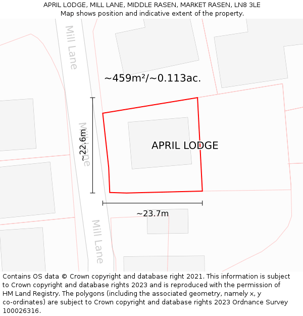 APRIL LODGE, MILL LANE, MIDDLE RASEN, MARKET RASEN, LN8 3LE: Plot and title map