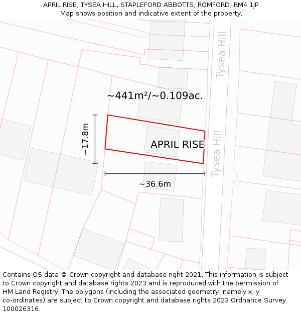APRIL RISE, TYSEA HILL, STAPLEFORD ABBOTTS, ROMFORD, RM4 1JP: Plot and title map