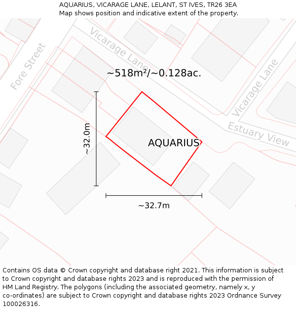 AQUARIUS, VICARAGE LANE, LELANT, ST IVES, TR26 3EA: Plot and title map