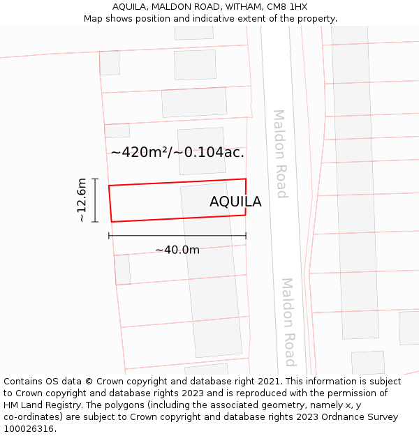 AQUILA, MALDON ROAD, WITHAM, CM8 1HX: Plot and title map