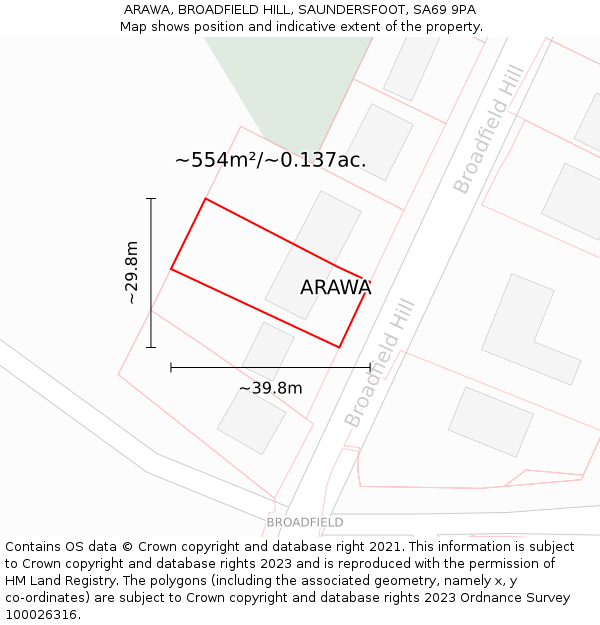 ARAWA, BROADFIELD HILL, SAUNDERSFOOT, SA69 9PA: Plot and title map