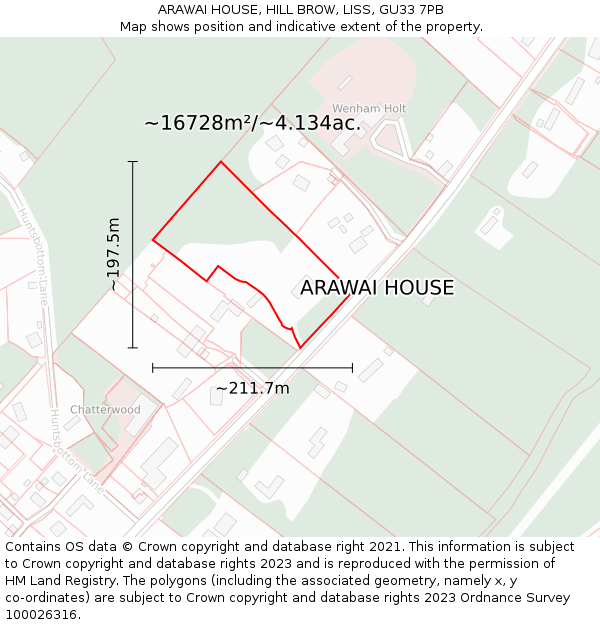 ARAWAI HOUSE, HILL BROW, LISS, GU33 7PB: Plot and title map