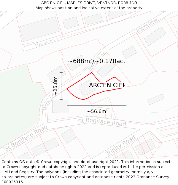 ARC EN CIEL, MAPLES DRIVE, VENTNOR, PO38 1NR: Plot and title map