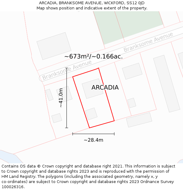 ARCADIA, BRANKSOME AVENUE, WICKFORD, SS12 0JD: Plot and title map