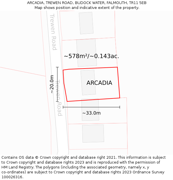 ARCADIA, TREWEN ROAD, BUDOCK WATER, FALMOUTH, TR11 5EB: Plot and title map
