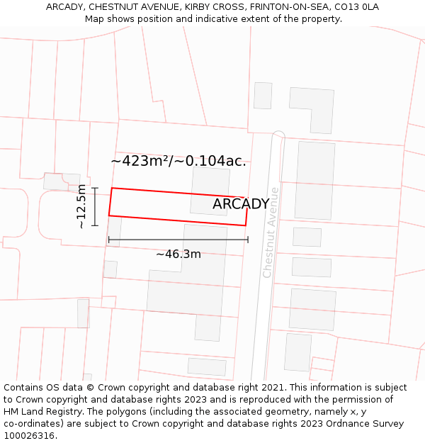 ARCADY, CHESTNUT AVENUE, KIRBY CROSS, FRINTON-ON-SEA, CO13 0LA: Plot and title map