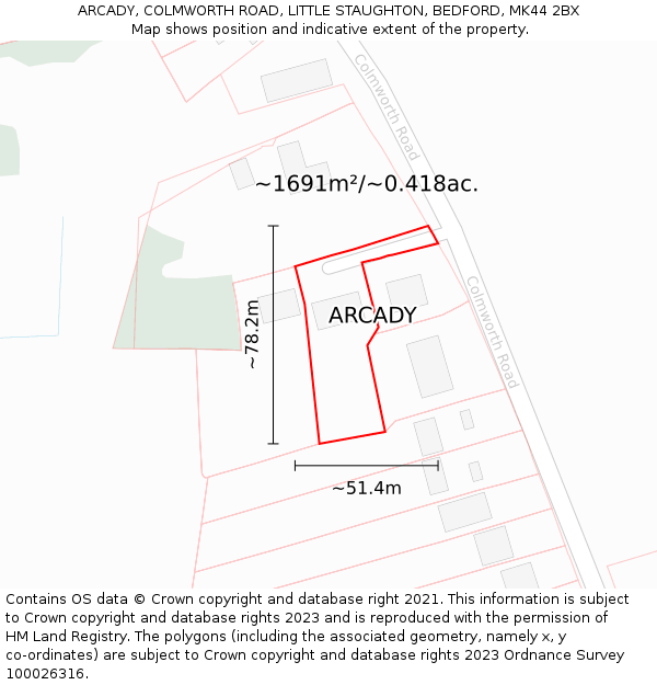 ARCADY, COLMWORTH ROAD, LITTLE STAUGHTON, BEDFORD, MK44 2BX: Plot and title map