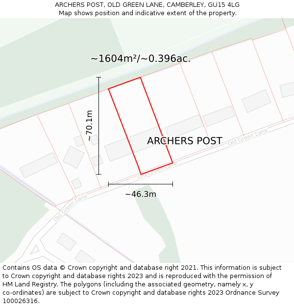ARCHERS POST, OLD GREEN LANE, CAMBERLEY, GU15 4LG: Plot and title map