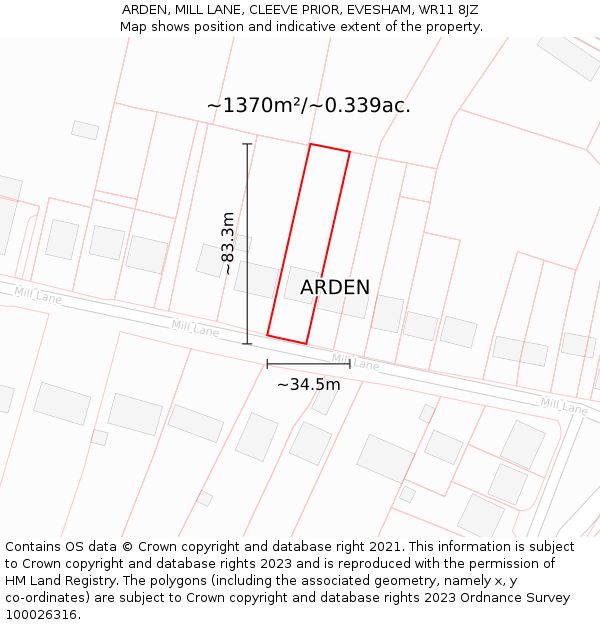 ARDEN, MILL LANE, CLEEVE PRIOR, EVESHAM, WR11 8JZ: Plot and title map
