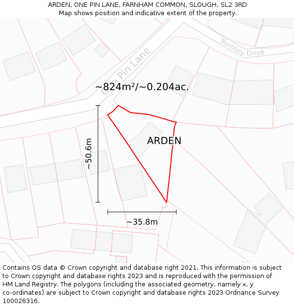 ARDEN, ONE PIN LANE, FARNHAM COMMON, SLOUGH, SL2 3RD: Plot and title map