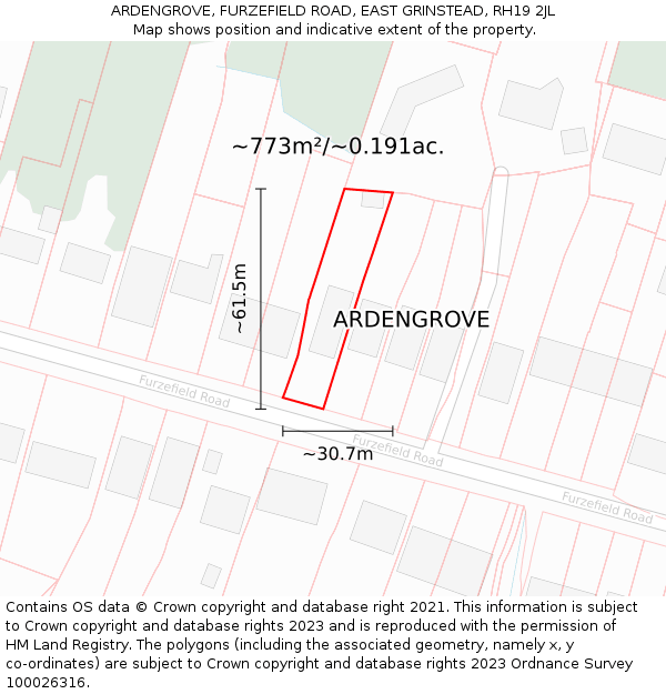 ARDENGROVE, FURZEFIELD ROAD, EAST GRINSTEAD, RH19 2JL: Plot and title map