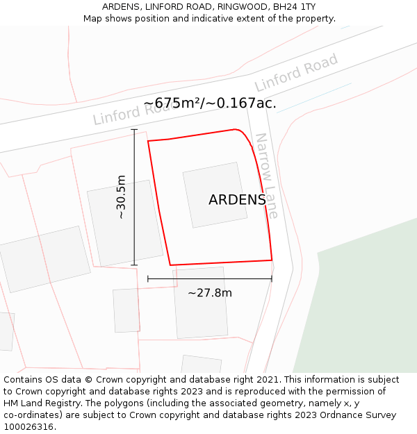 ARDENS, LINFORD ROAD, RINGWOOD, BH24 1TY: Plot and title map