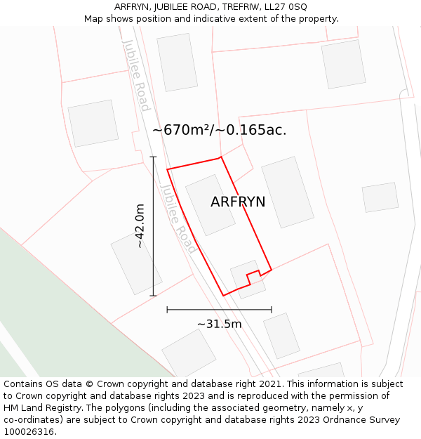 ARFRYN, JUBILEE ROAD, TREFRIW, LL27 0SQ: Plot and title map