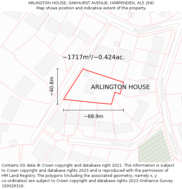 ARLINGTON HOUSE, OAKHURST AVENUE, HARPENDEN, AL5 2ND: Plot and title map