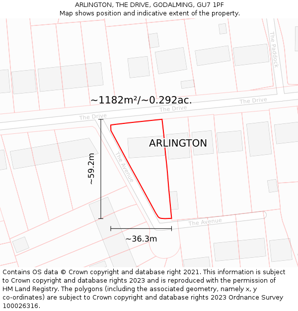ARLINGTON, THE DRIVE, GODALMING, GU7 1PF: Plot and title map