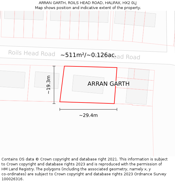 ARRAN GARTH, ROILS HEAD ROAD, HALIFAX, HX2 0LJ: Plot and title map