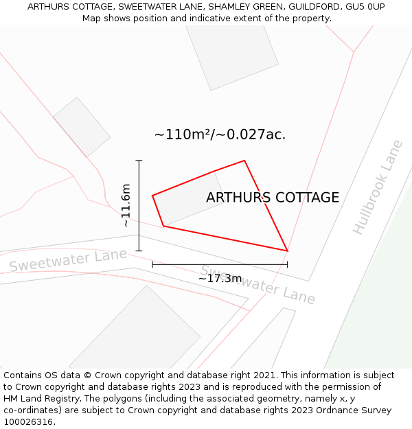 ARTHURS COTTAGE, SWEETWATER LANE, SHAMLEY GREEN, GUILDFORD, GU5 0UP: Plot and title map