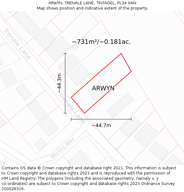 ARWYN, TRENALE LANE, TINTAGEL, PL34 0AN: Plot and title map