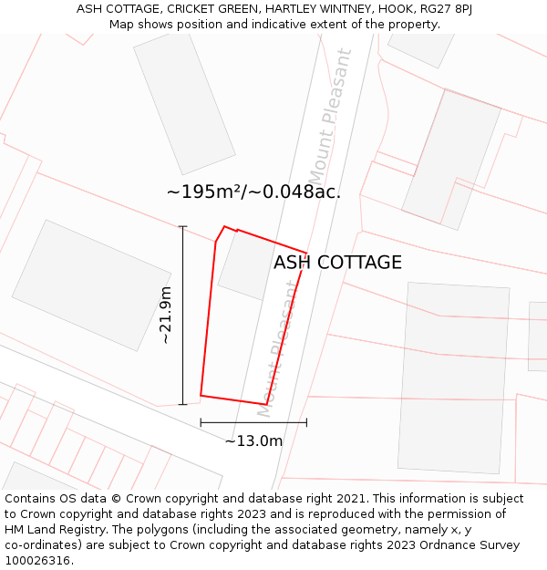 ASH COTTAGE, CRICKET GREEN, HARTLEY WINTNEY, HOOK, RG27 8PJ: Plot and title map