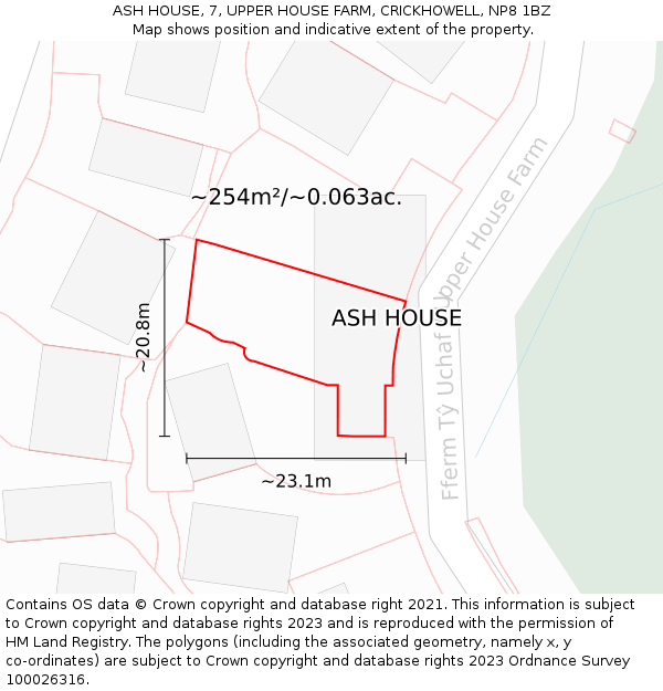 ASH HOUSE, 7, UPPER HOUSE FARM, CRICKHOWELL, NP8 1BZ: Plot and title map