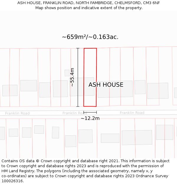 ASH HOUSE, FRANKLIN ROAD, NORTH FAMBRIDGE, CHELMSFORD, CM3 6NF: Plot and title map