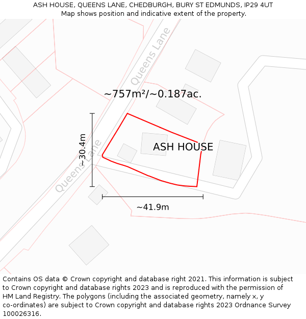 ASH HOUSE, QUEENS LANE, CHEDBURGH, BURY ST EDMUNDS, IP29 4UT: Plot and title map