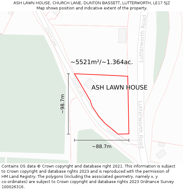 ASH LAWN HOUSE, CHURCH LANE, DUNTON BASSETT, LUTTERWORTH, LE17 5JZ: Plot and title map