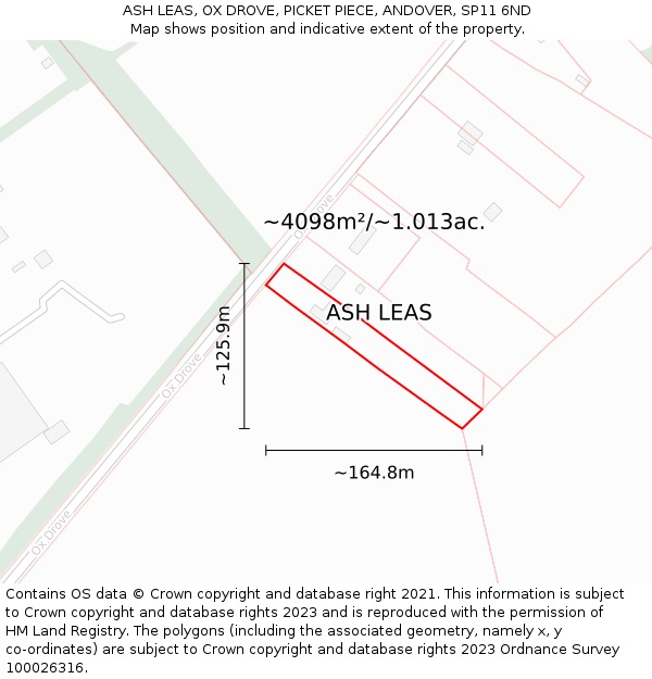 ASH LEAS, OX DROVE, PICKET PIECE, ANDOVER, SP11 6ND: Plot and title map